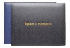 blue and black diploma covers with gold imprinting on cover