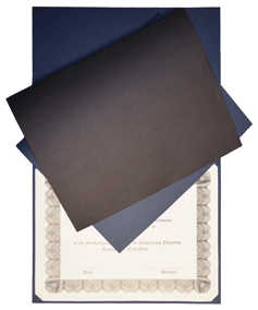 black and blue linen textured certificate covers with die cut slits